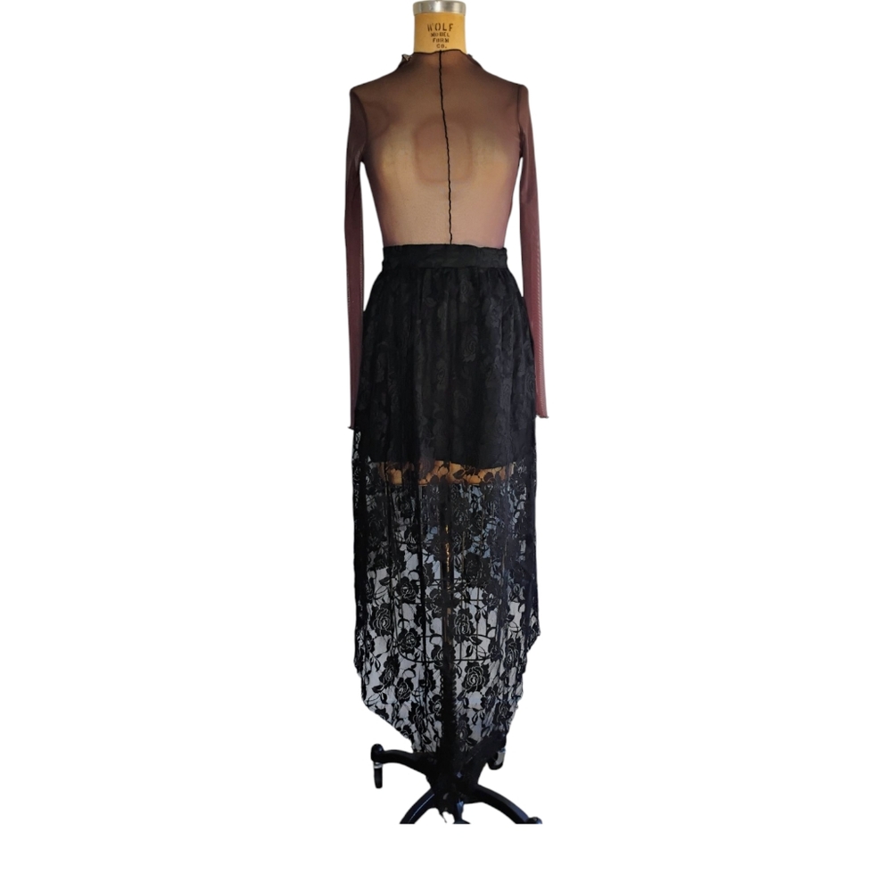 Unique Black Asymmetrical Vintage Inspired Lace Goth Skirt For Cocktail Events